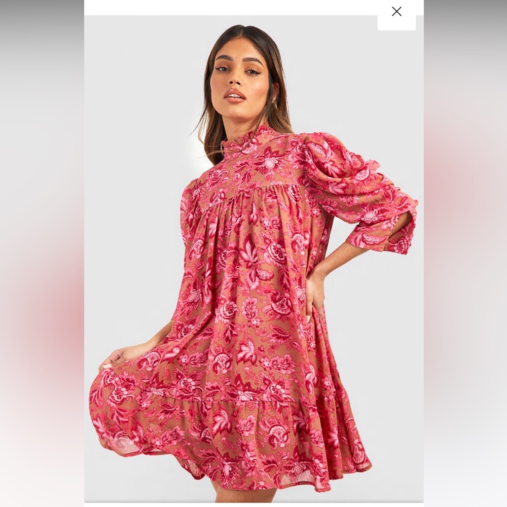 PRINTED PUFF SLEEVE RUFFLE NECK SMOCK DRESS